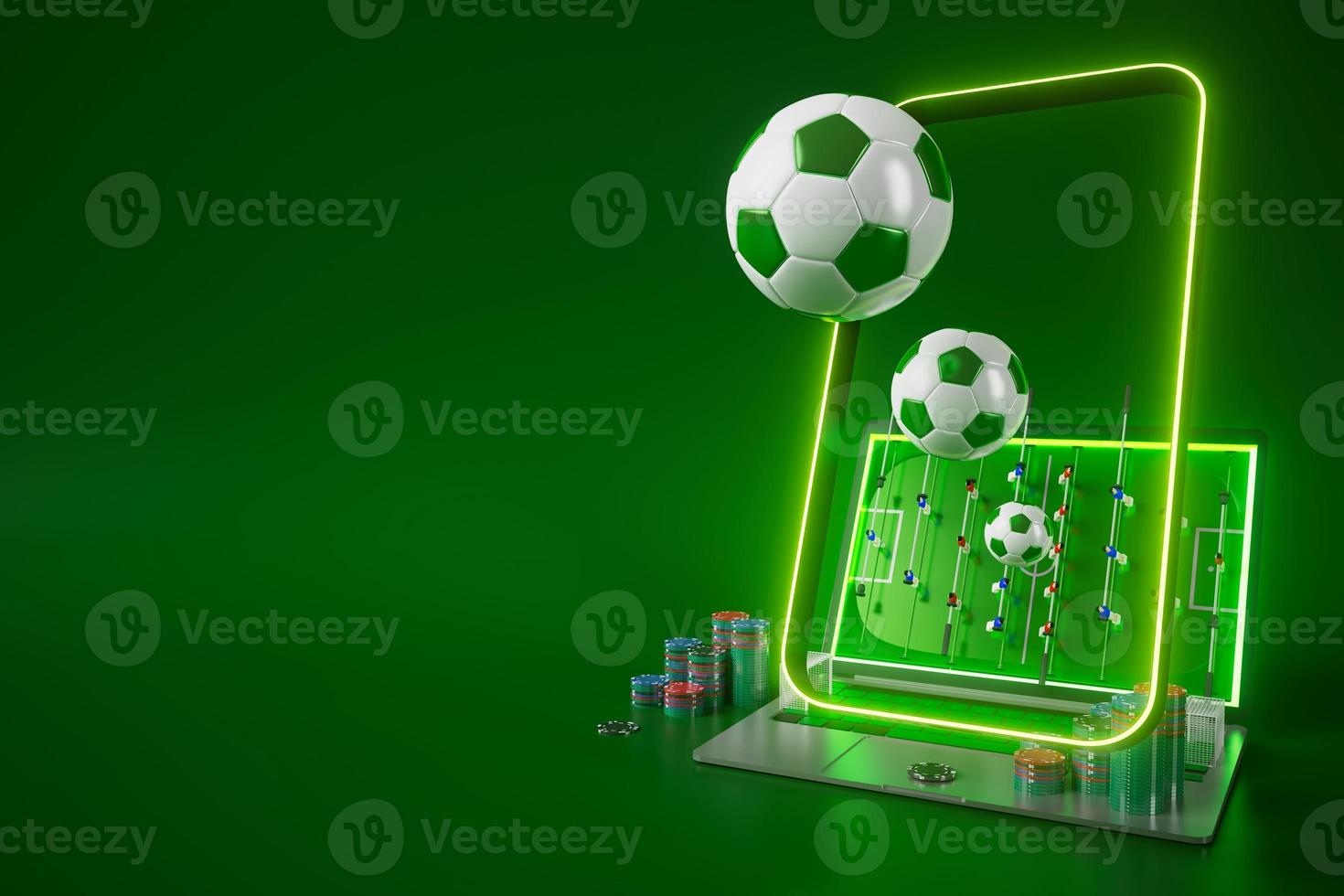 Fußballkugelobjekt, Sportballdesign, Fußballelementkonzept, 3D-Illustration, abstrakte Fußballtechnologie, mobiler Smartphone-Bildschirm, grüne Rasenfläche, Online-Sport live, Casino-Sportgeschäft foto