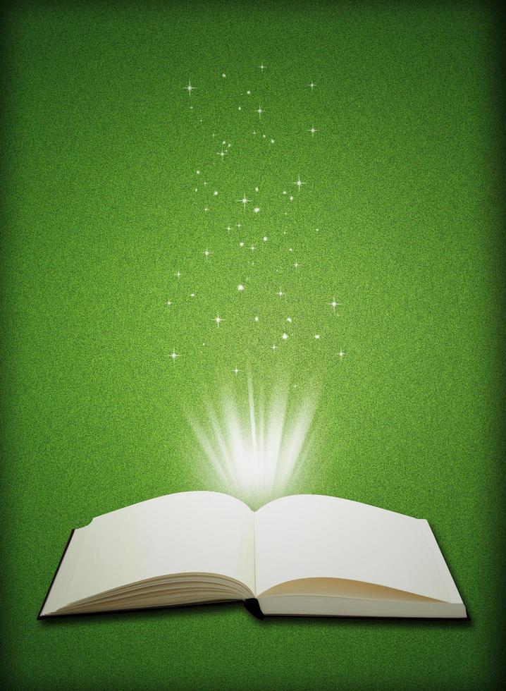 Magie des offenen Buches auf Hintergrund des grünen Grases foto
