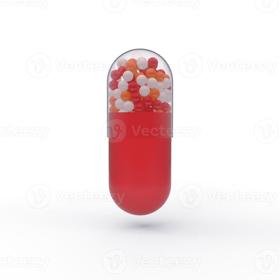 rote Kapseltablette mit roten, orangen und weißen Bruchstücken im Inneren. 3D-Darstellung einer Pille. foto