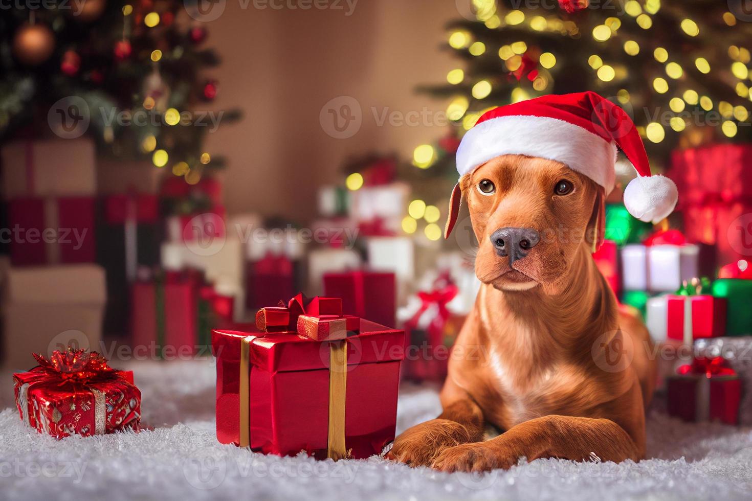 süßer ungarischer magyar vizsla hund mit weihnachtsmütze in einem weihnachtsraum mit geschenkboxen foto