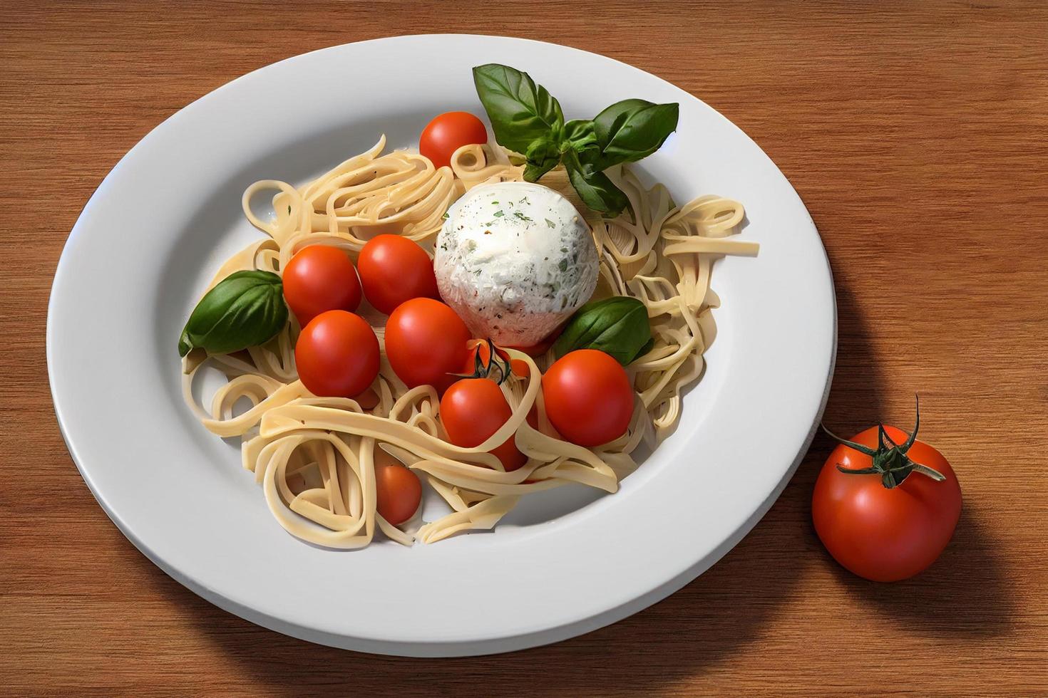 Nudeln, Mozzarella, Basilikum und Tomaten auf einem weißen Teller. flach liegen foto