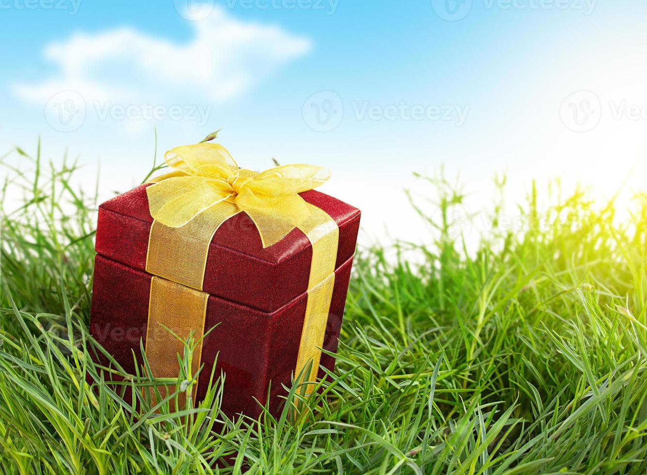 rote geschenkbox mit gelber schleife auf gras, rasen. sonnig und Himmel mit Wolken. festlicher Hintergrund. feiertag, 8. märz, geburtstag, internationaler frauentag, muttertag und valentinstag. Platz kopieren foto