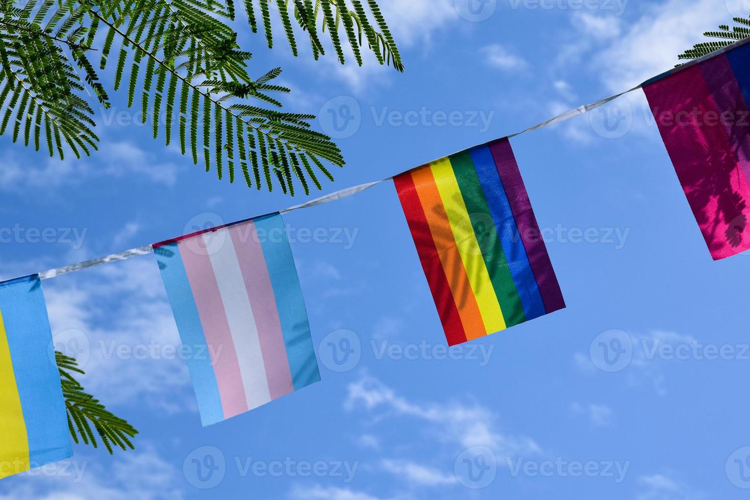 lgbtq-flaggen wurden an einem sonnigen tag an draht gegen den blauen himmel gehängt, weicher und selektiver fokus, konzept für lgbtq-genderfeiern im stolzmonat auf der ganzen welt. foto