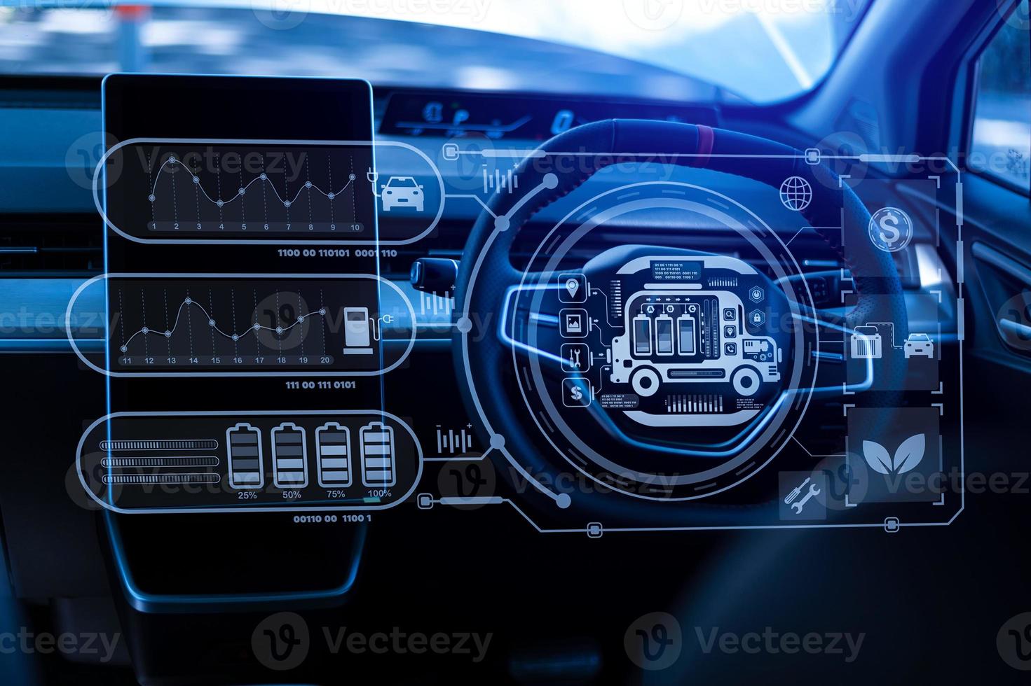 Energie-EV-Autokonzept. futuristisches hybridfahrzeug lädt die batterie elektrisch auf. moderne autoinnenausstattung. foto