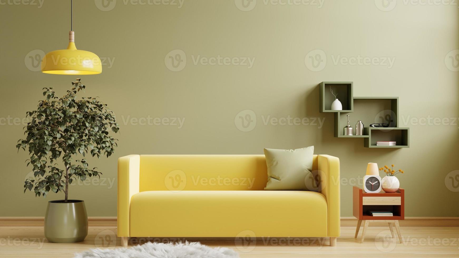 mockup wohnzimmer interieur mit gelbem sofa auf leerem pastellhintergrund. 3D-Darstellungswiedergabe foto