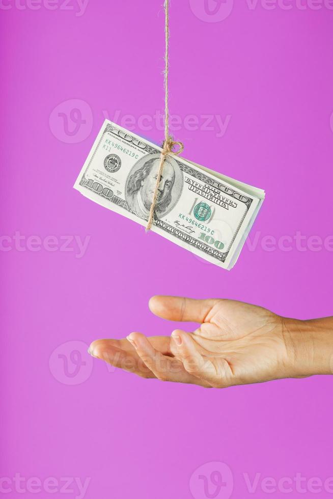 Geld an einem Seil über der Palme auf einem rosa Hintergrund. foto
