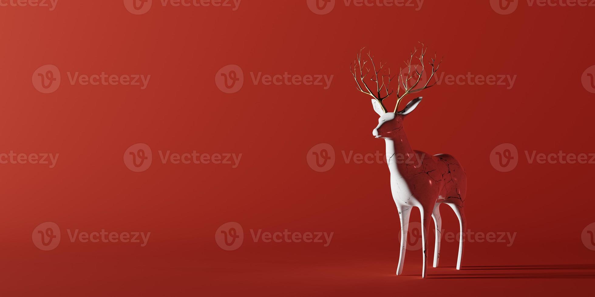 Weiße Keramik-Rentier-Statuenskulptur auf rotem Hintergrund für Weihnachts- und Neujahrsparty mit Kopierraum. urlaubs- und saisonales konzept. 3D-Darstellungswiedergabe foto