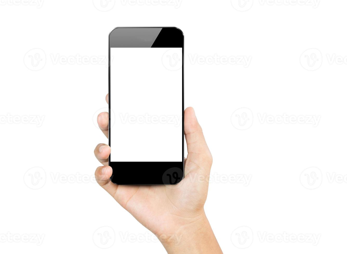 Nahaufnahme Hand halten Smartphone Handy auf weiß isoliert foto