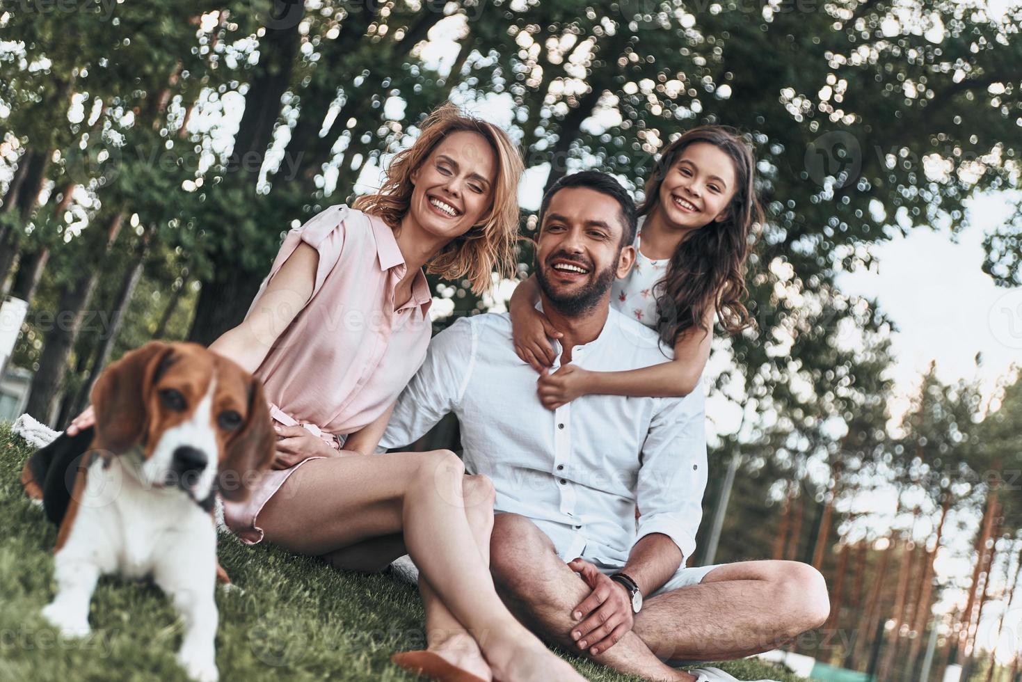 immer übereinander tragen. glückliche junge dreiköpfige Familie mit lächelndem Hund beim Sitzen auf Gras im Park foto