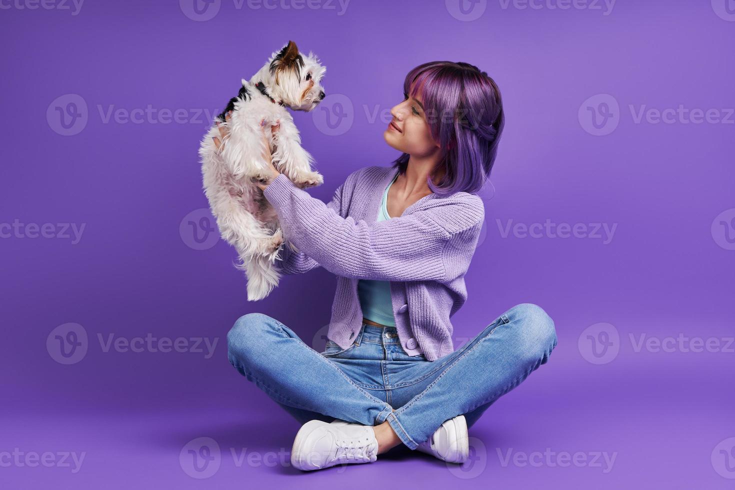 Fröhliche junge Frau, die kleinen Hund trägt und lächelt, während sie vor violettem Hintergrund sitzt foto