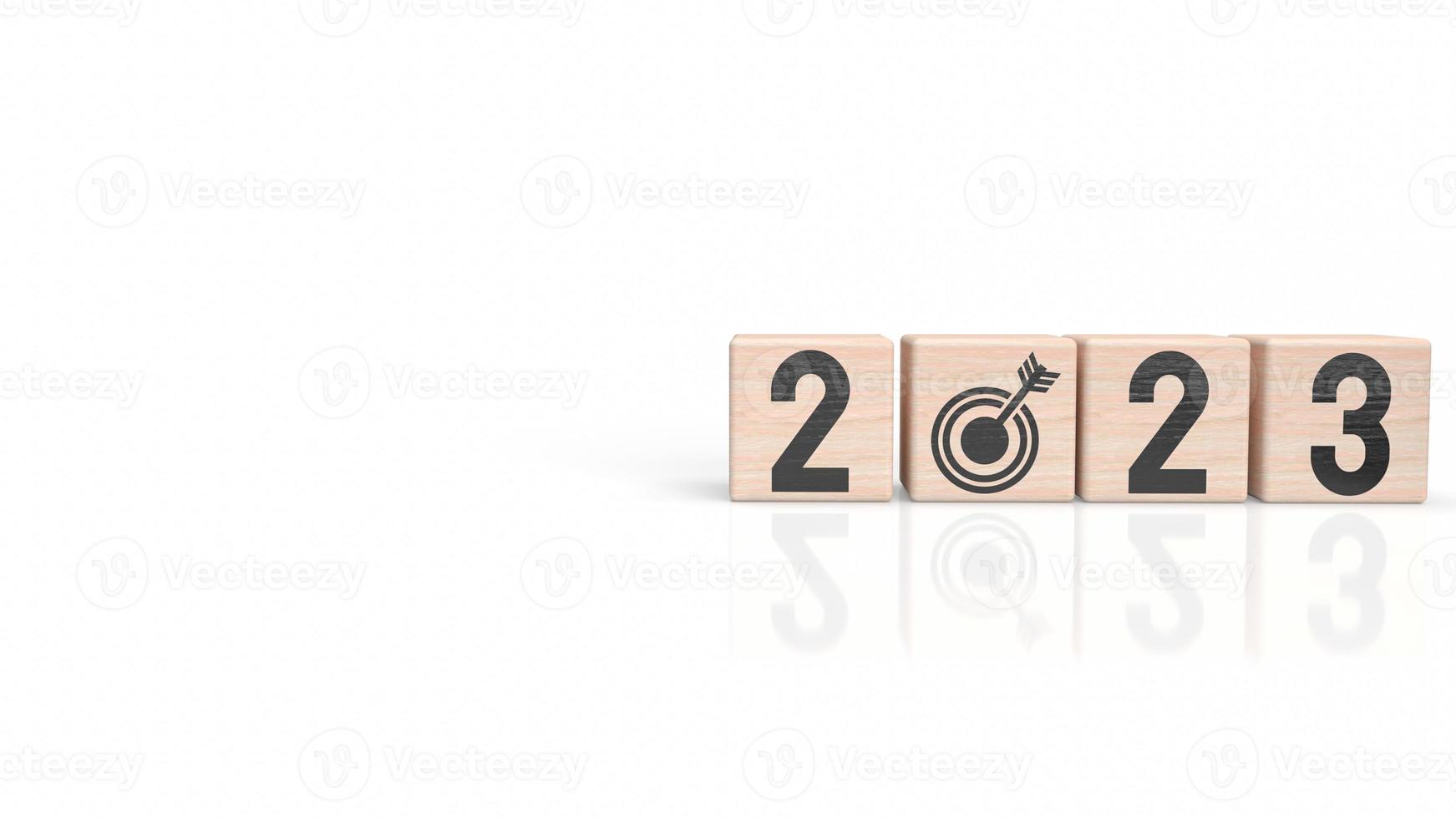 die 2023-nummer auf holzwürfel für neujahr oder geschäftskonzept 3d-rendering foto