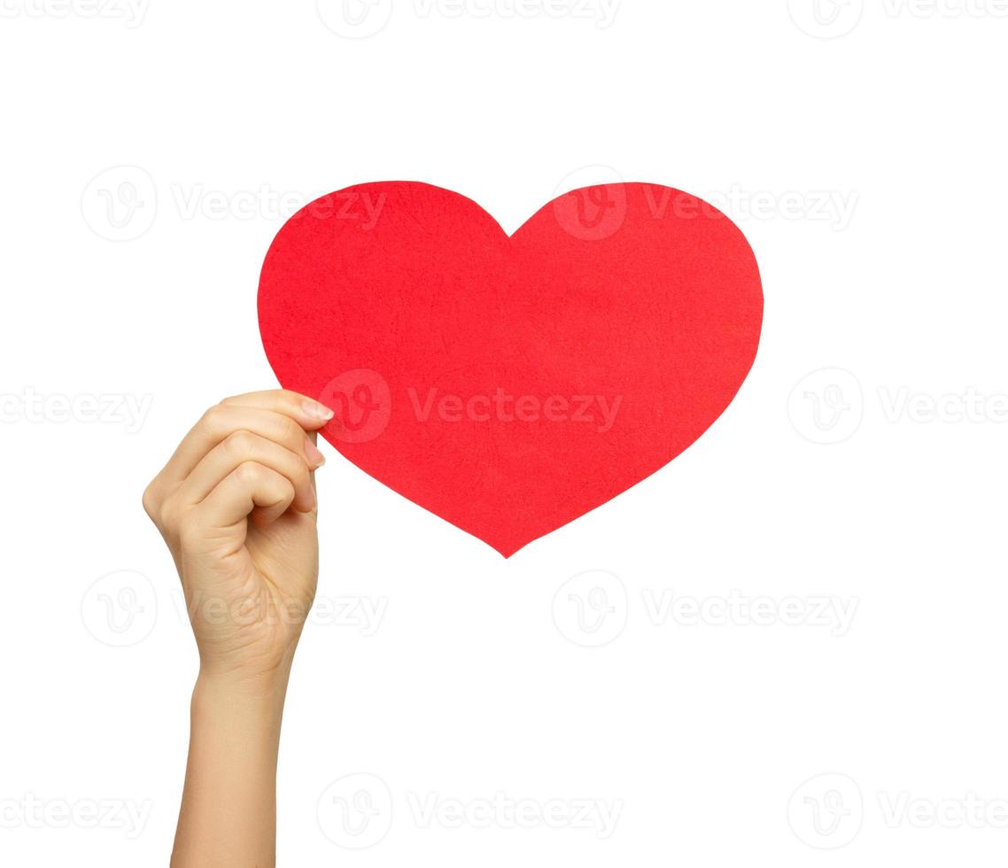 Liebes- und Grußkartenthema schöne weibliche Hand, die ein rotes Herz der Papierkarte lokalisiert auf einem weißen Hintergrund hält foto