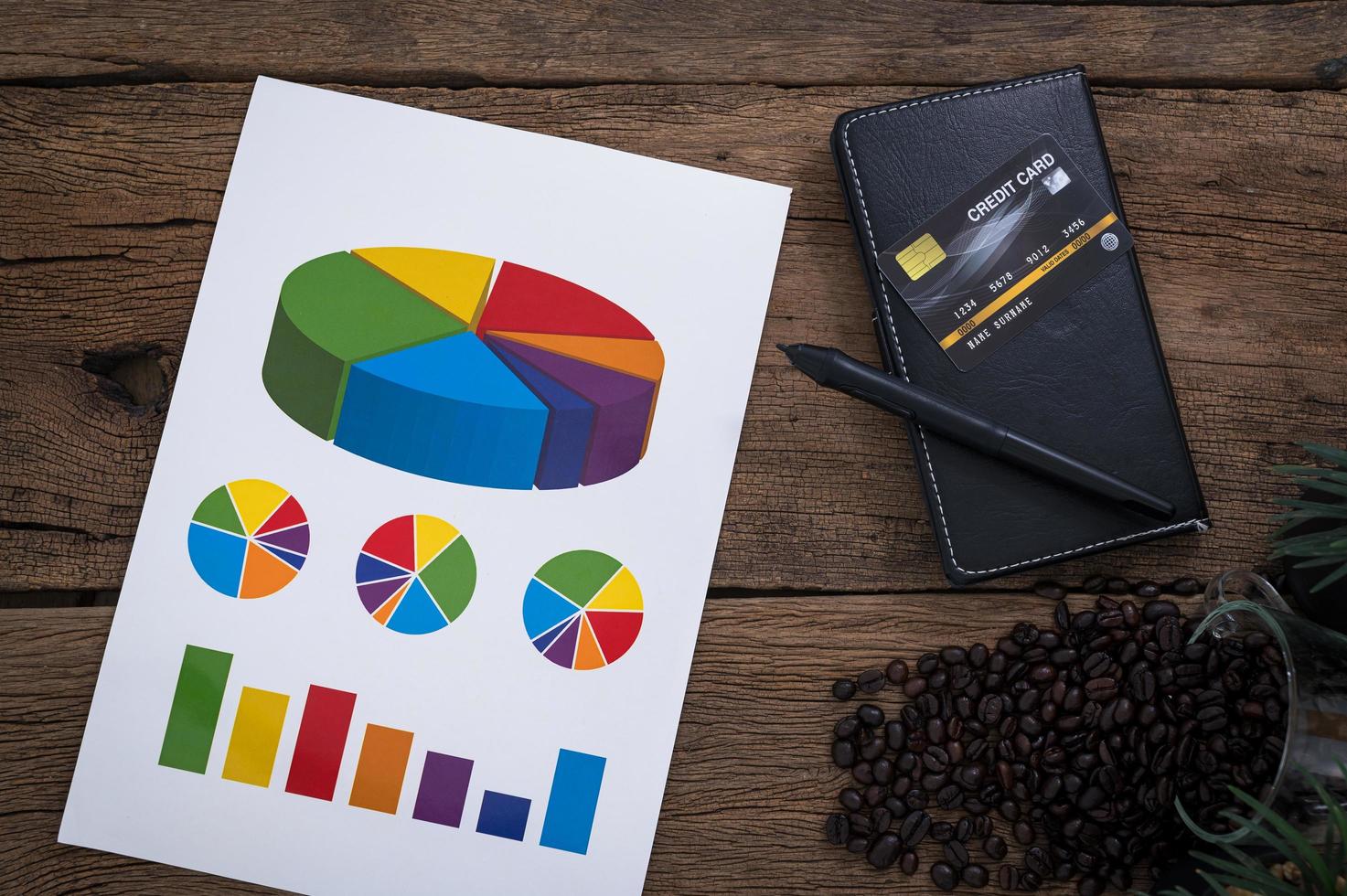 Tortendiagramm, Kaffee, Notizbuch mit Stift und Kreditkarte foto