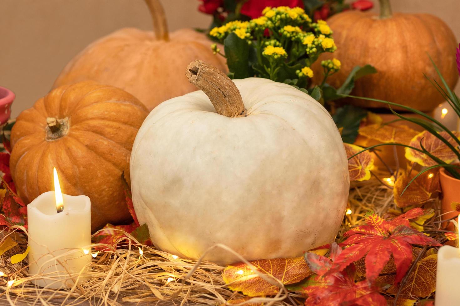 weißer Halloween-Kürbis mit Kerzen und Stroh foto