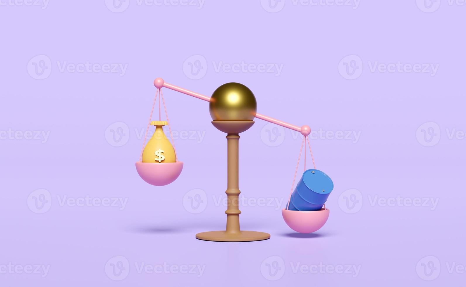 3D-Gerechtigkeitswaage mit Ölfass-Symbol, Geldbeutel isoliert auf violettem Hintergrund. hohe inflation, teuer, geld sparen, preiskonzept erhöhen, 3d-darstellung foto