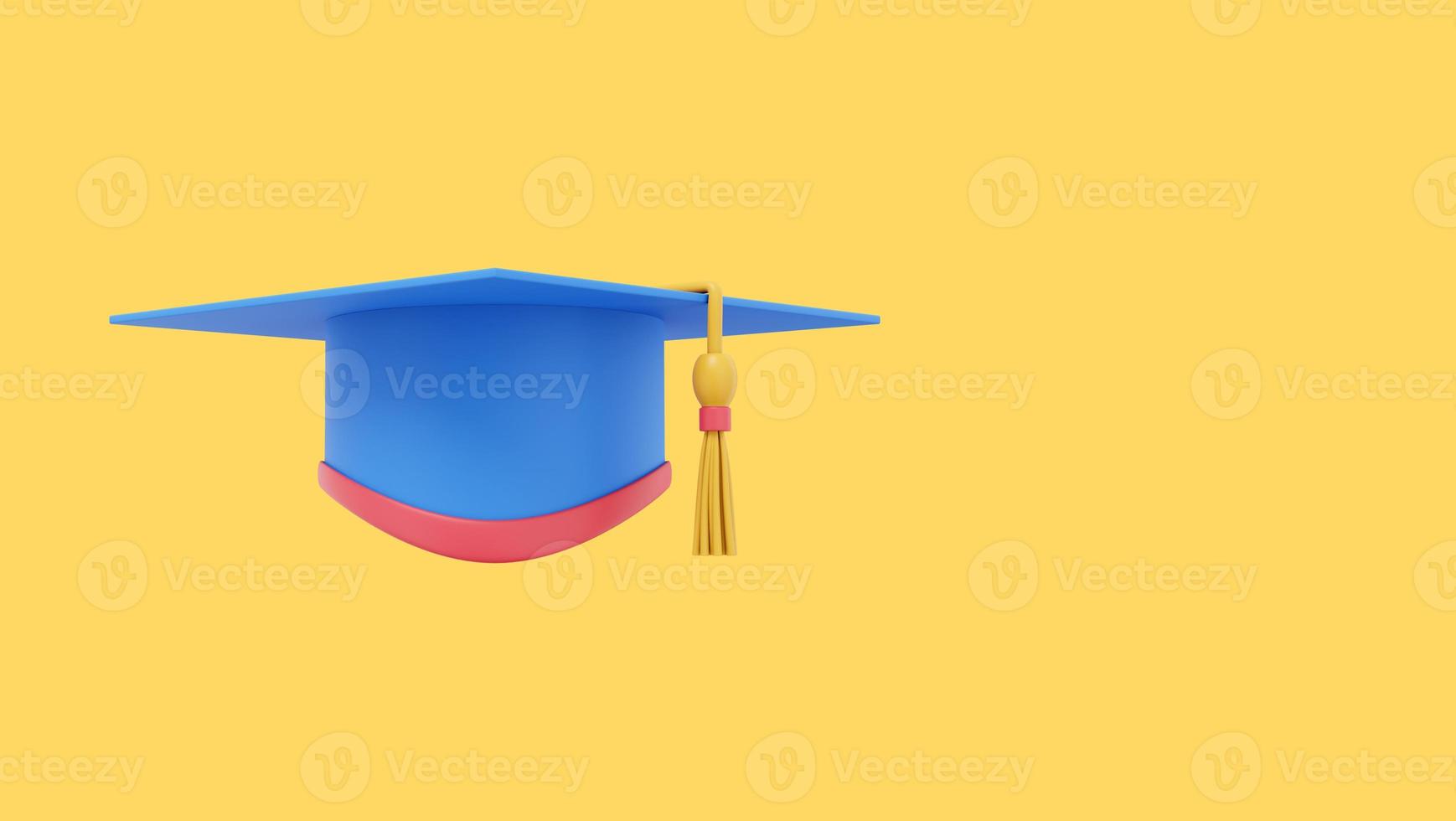 Absolventenkappe. Doktorhut für einen Studenten an einer Universität, Schule, Hochschule. 3D-Rendering. Mehrfarbiges Symbol auf farbigem Hintergrund mit Platz für Text. foto