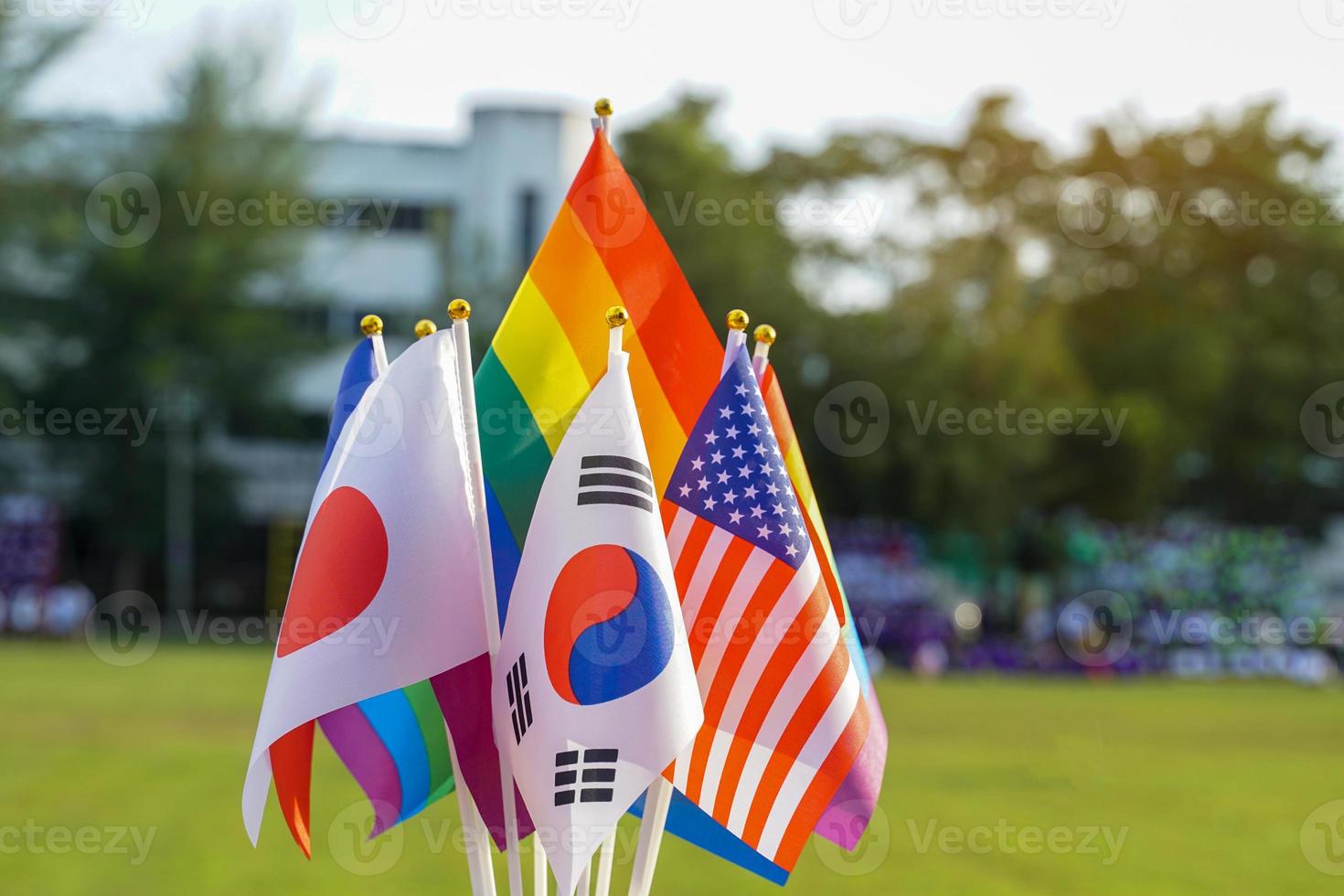 regenbogenfahnen und nationalflaggen vieler länder vereint, um das symbol der lgbt-menschen in allen ecken der welt und den transgender-stolz und die sozialen bewegungen der lgbt zu repräsentieren. foto