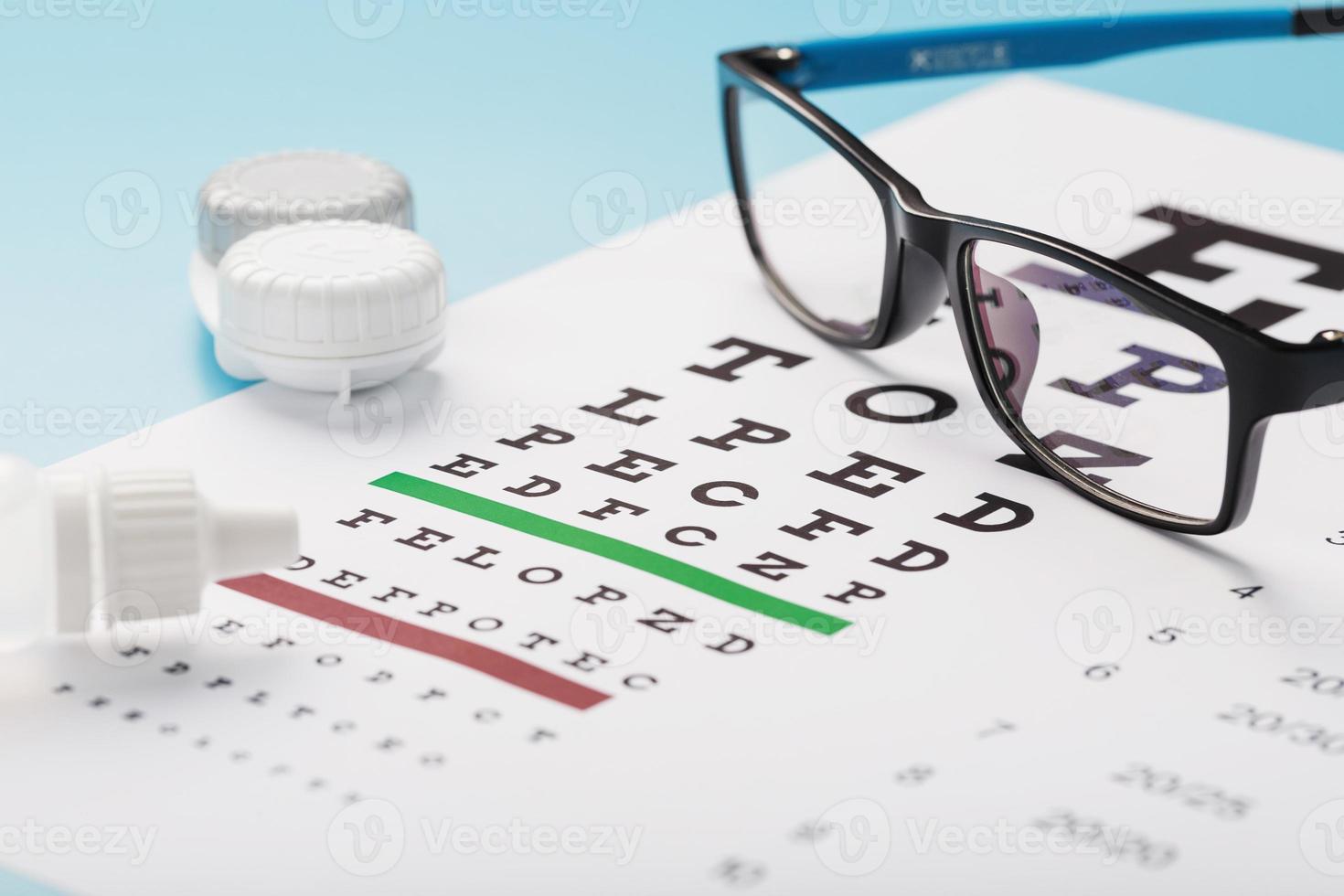 brille mit kontaktlinsen, tropfen und einem augentestdiagramm eines optometristen auf blauem hintergrund. foto