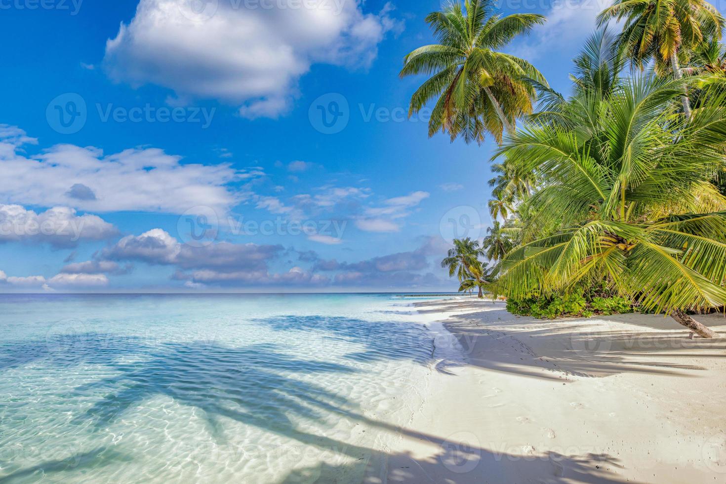 Sommerreisehintergrund. exotische tropische strandinsel, paradiesische küste. Palmen, weißer Sand, erstaunlicher Himmel, Ozean, Lagune. fantastischer schöner naturhintergrund, sonniger tag idyllischer inspirierender urlaub foto