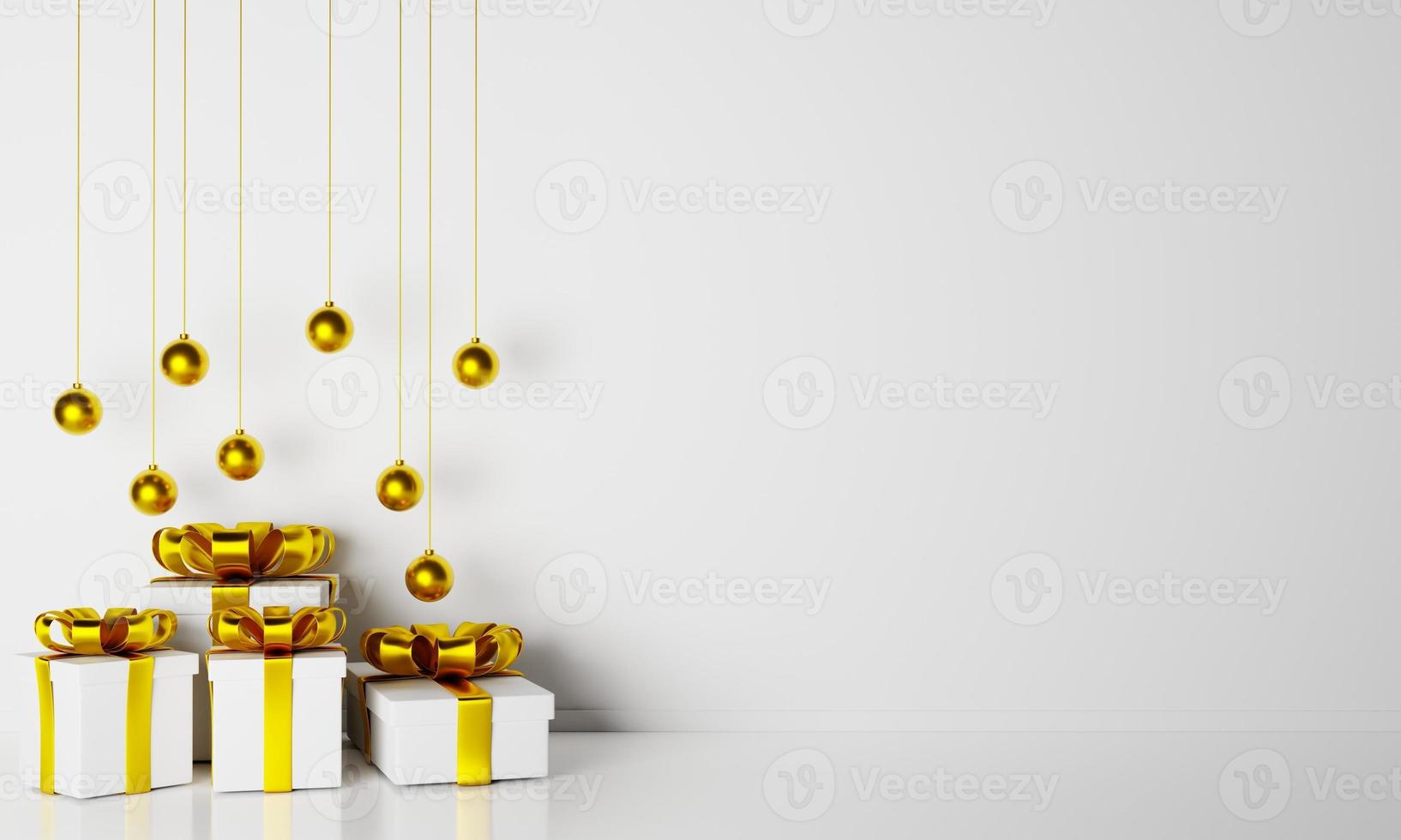 3d-rendering realistische weihnachtsgeschenkbox mit hängender golddekoration im weißen raum. 3D-Darstellung foto