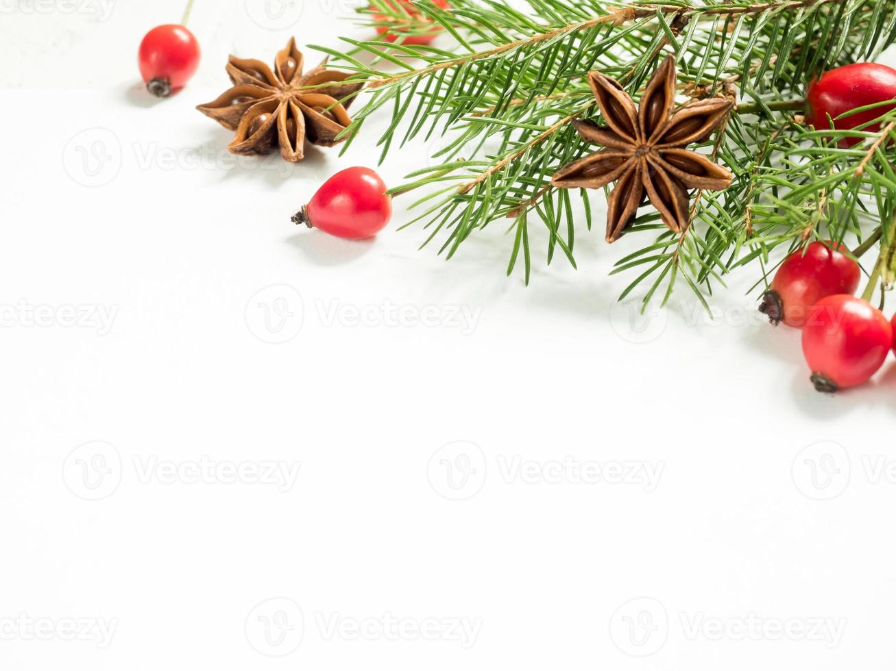 weihnachtsschmuck auf weißem hintergrund, beeren hagebutten, sterne, tannenzweige. Platz kopieren foto