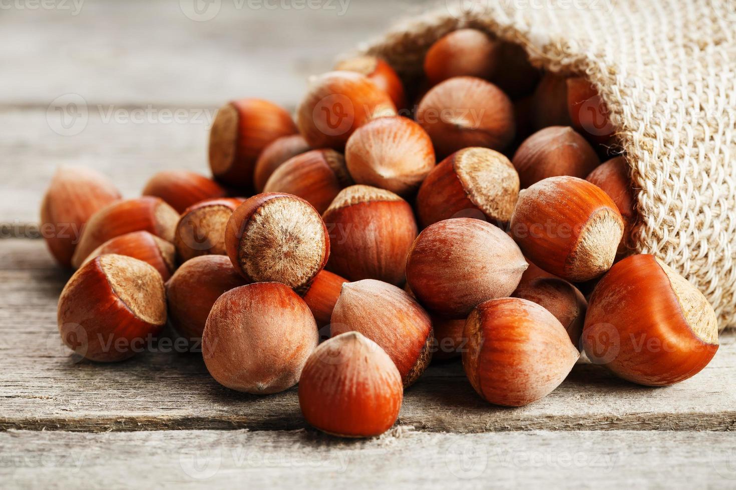 haselnüsse in einer abdeckung, ausgegossen aus einer sackleinentasche auf einem grauen holztisch foto