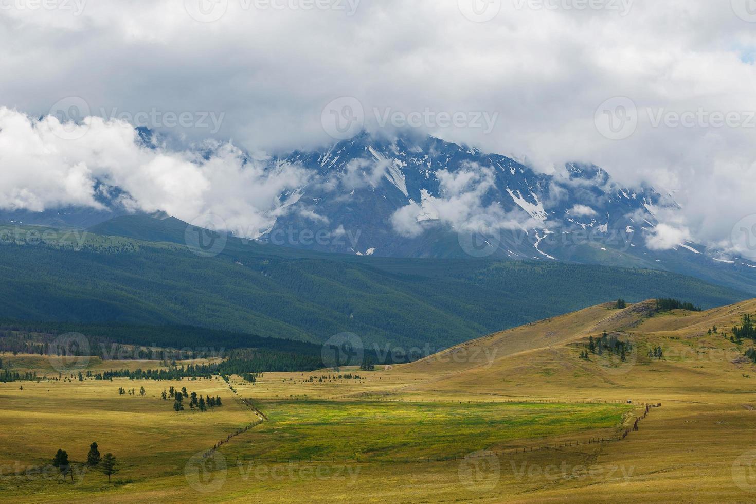 malerischer blick auf die schneebedeckte nord-tschuja-kette im altai-gebirge im sommer, sibirien, russland foto