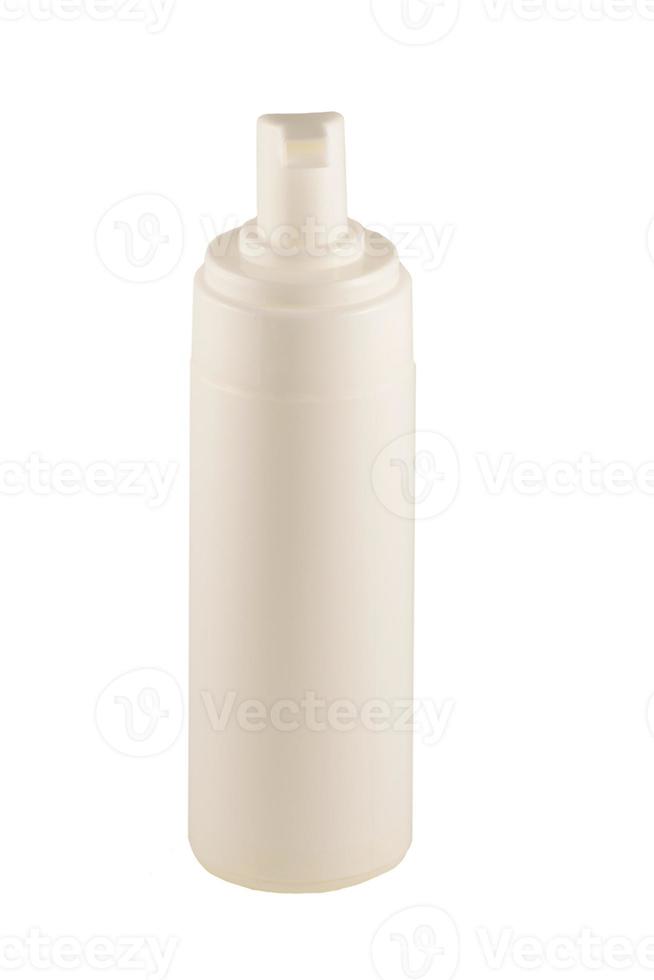 Plastikpumpe Seifenflasche ohne Etikett isoliert auf weißem Hintergrund. weißer Behälter mit Sprühflasche. foto