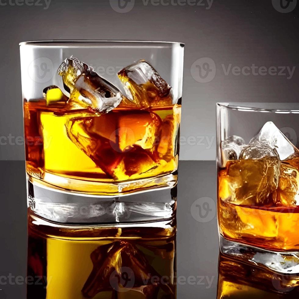 Whisky auf klarem Glas und Flasche auch gewürfelte Eisalkoholzeichnung. Bild- und Bildgetränkillustration für Hintergrund foto