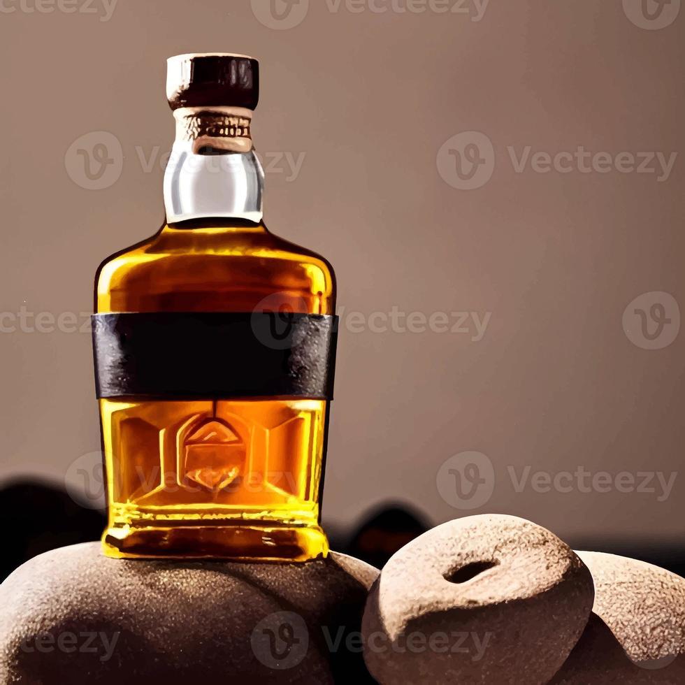 Whisky auf klarem Glas und Flasche auch gewürfelte Eisalkoholzeichnung. Bild- und Bildgetränkillustration für Hintergrund foto