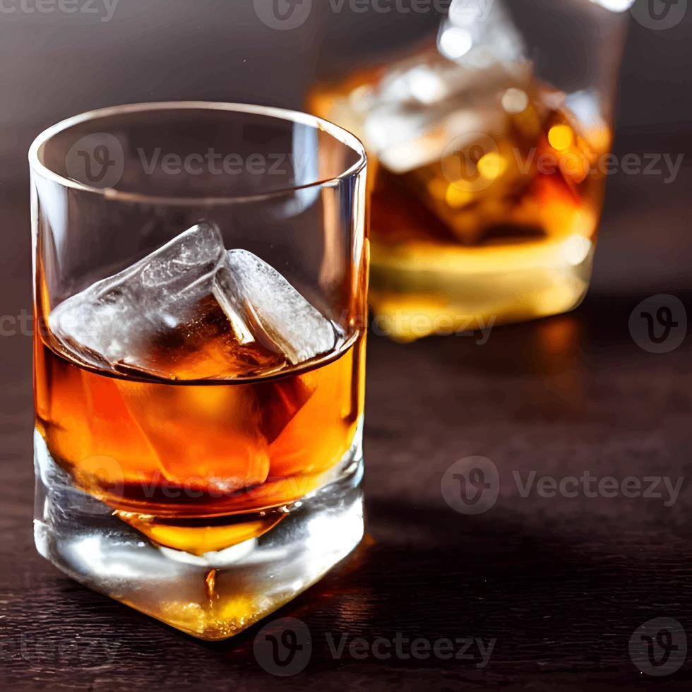 Whisky auf klarem Glas und Flasche auch gewürfelte Eisalkoholzeichnung. Bild- und Bildgetränkillustration für Hintergrund foto