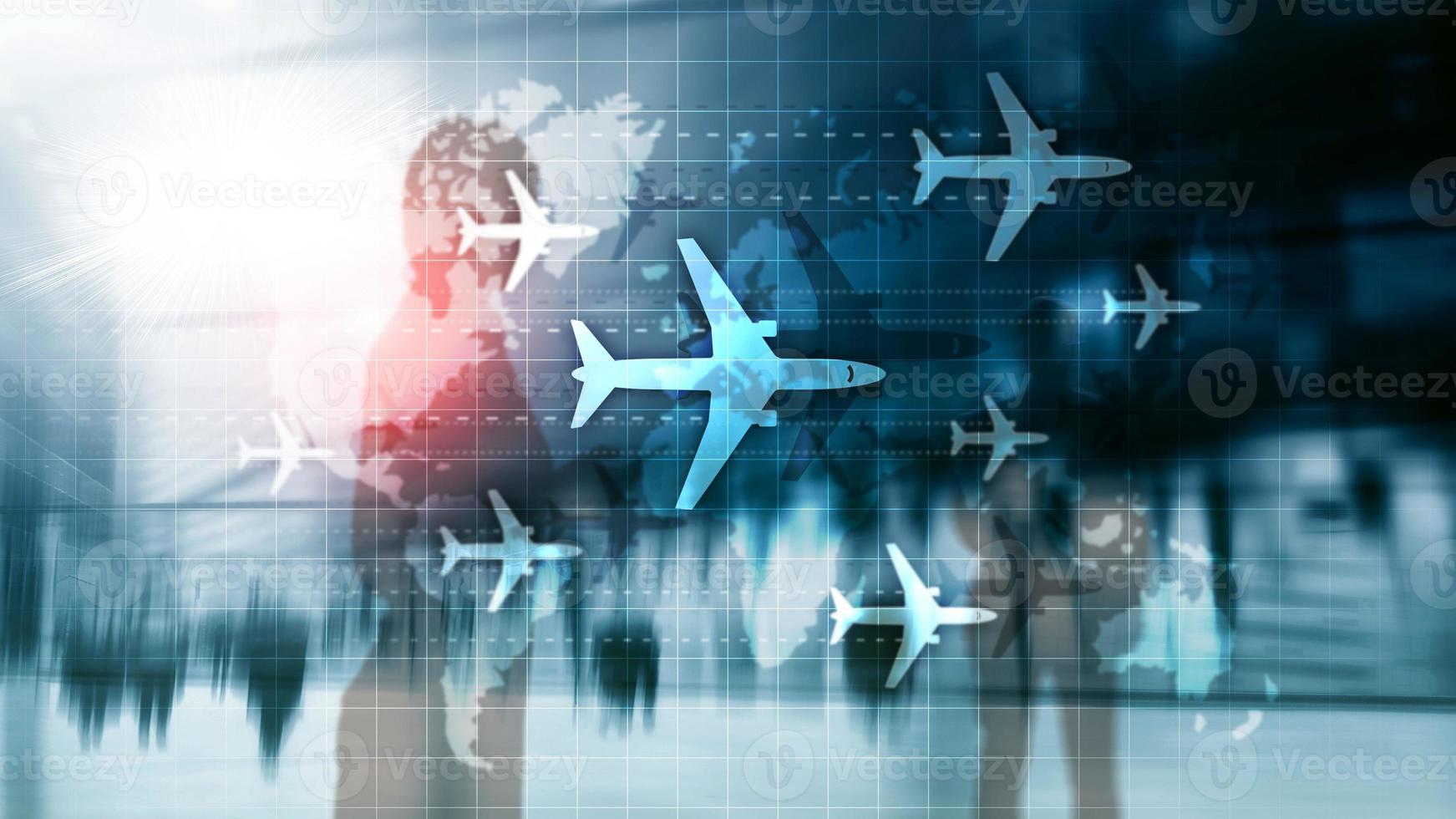Flugreisekonzept. Flugzeug auf Weltkarte blured betriebswirtschaftlichen Hintergrund foto