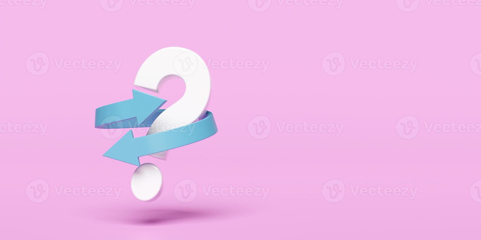 3D-weißes Fragezeichen-Symbol mit Übertragungspfeil-Symbol isoliert auf rosa Hintergrund. faq oder häufig gestellte fragen, minimales konzept, 3d-renderillustration, beschneidungspfad foto