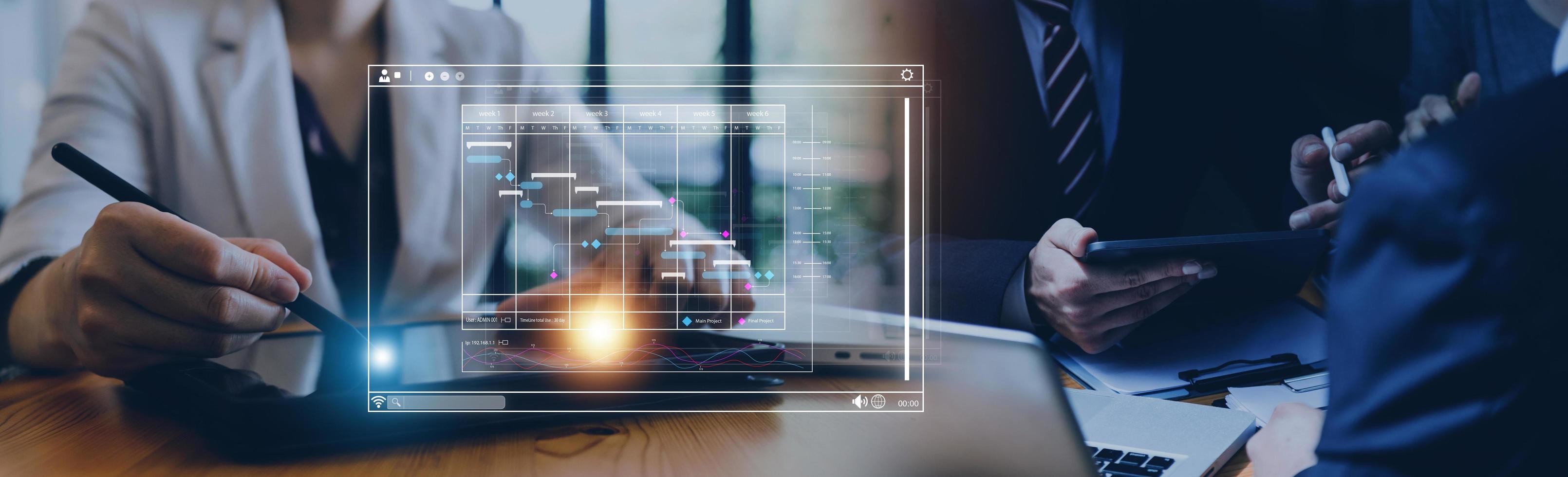 Analyst, der mit Computern in Geschäftsanalyse- und Datenverwaltungssystemen arbeitet, um einen Bericht mit KPI und Metriken zu erstellen, die mit der Datenbank verbunden sind. Unternehmensstrategie für Finanzen, Betrieb, Vertrieb, Marketing foto