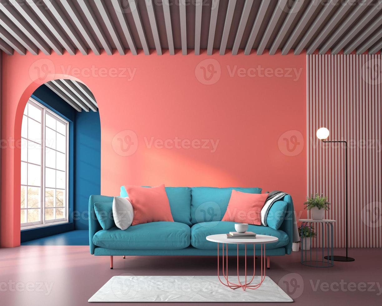 buntes skandinavisches wohnzimmer mit dekoration auf lebender korallenfarbener wand und gewölbter tür. 3D-Rendering foto