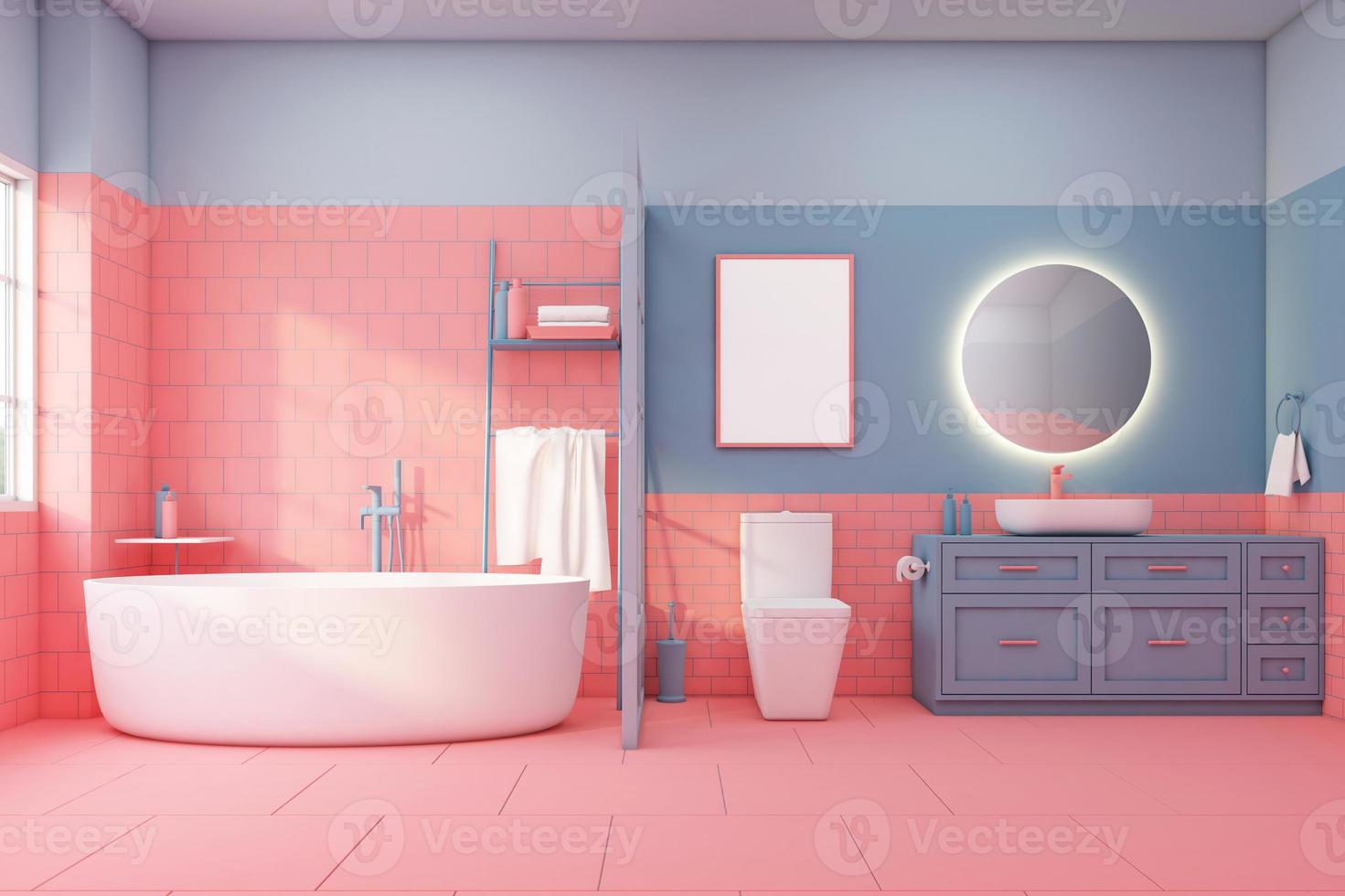 Farbenfrohes Badezimmer mit Dekoration auf lebendigen korallenfarbenen Fliesen und hellblauer Wand. 3D-Rendering foto