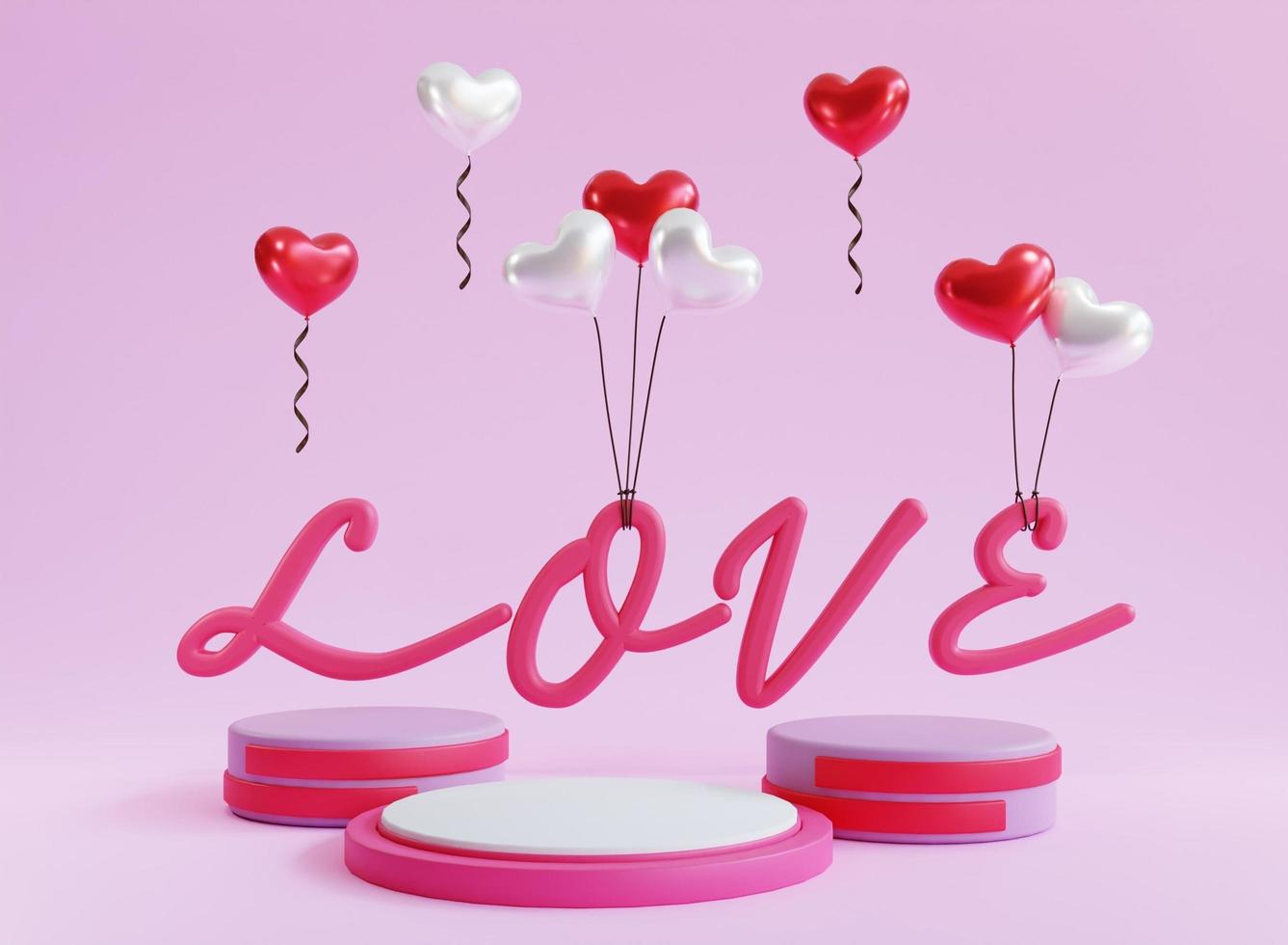 3D-Render-Valentine-Podium-Display-Hintergrund mit Liebesballon foto