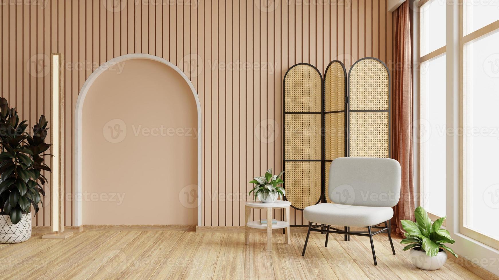 Interieur im Boho-Stil mit grauem Sessel und Dekor auf cremefarbener Latte. 3D-Darstellungswiedergabe foto