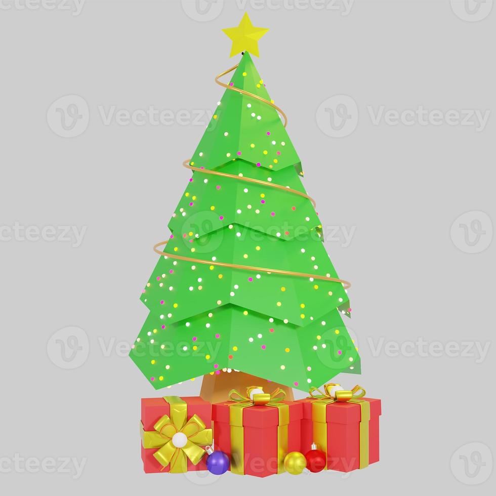 3D-Darstellung Weihnachtsbaum und Geschenkbox isoliert auf weißem Hintergrund foto