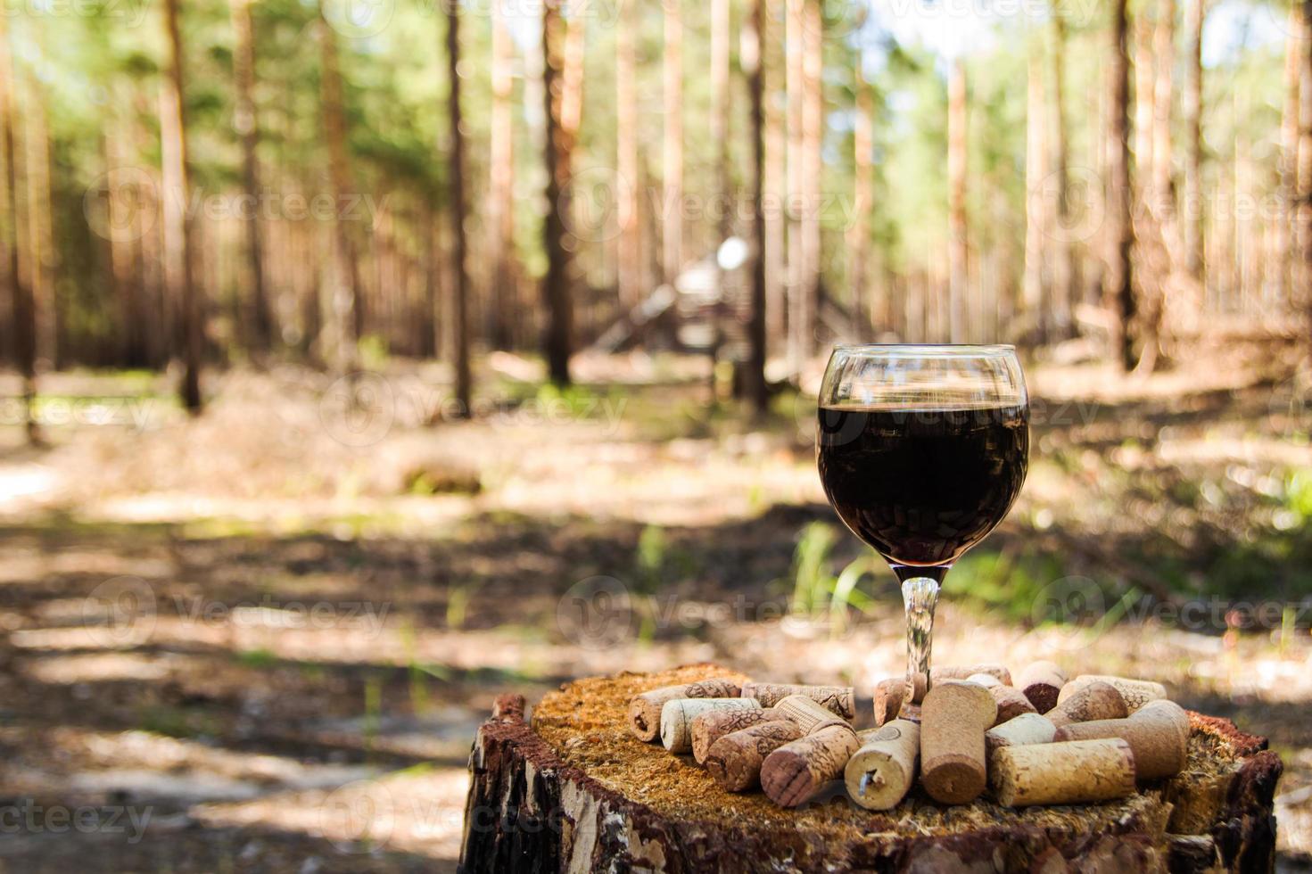 Ein Glas mit Rotwein und Weinkorken auf einem Baumstumpf in einem Sommerwald an einem sonnigen Tag. foto