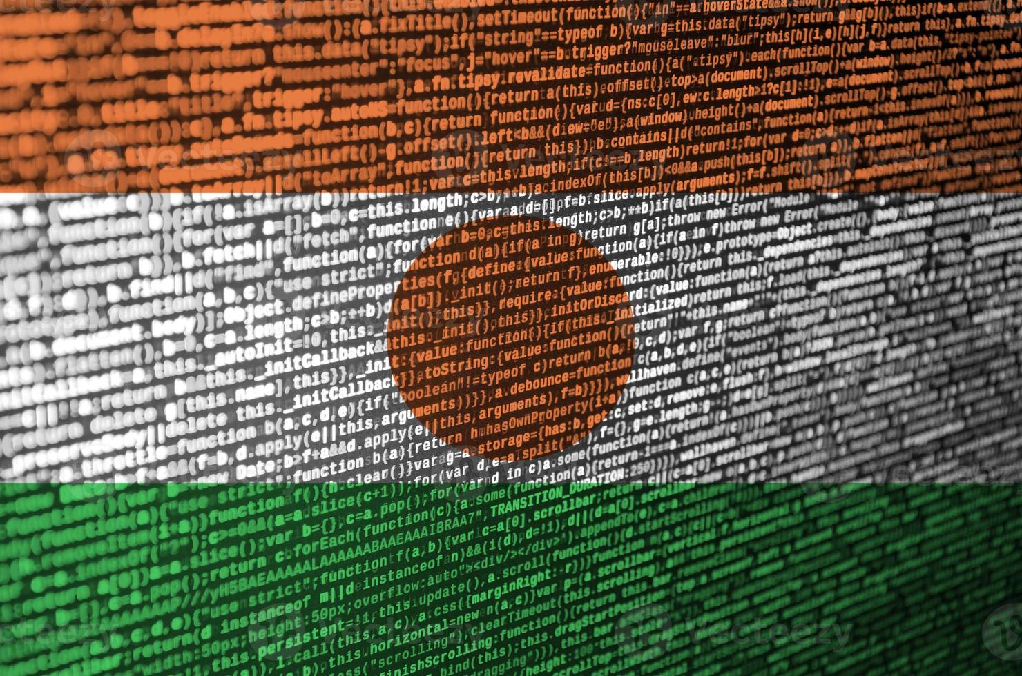 Die niger-Flagge wird mit dem Programmcode auf dem Bildschirm dargestellt. das konzept der modernen technologie und standortentwicklung foto