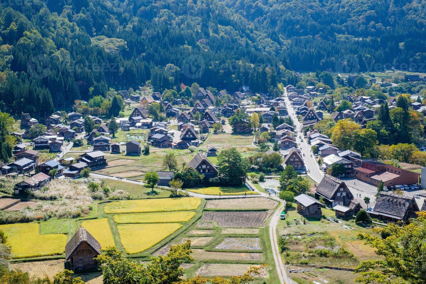 Shirakawa historisches Japanisch. Shirakawago-Dorf im Herbst aus der Vogelperspektive. Hausbau aus Holz mit Dach im Gassho-Zukuri-Stil. shirakawa-go ist unesco-welterbe und wahrzeichen in japan foto