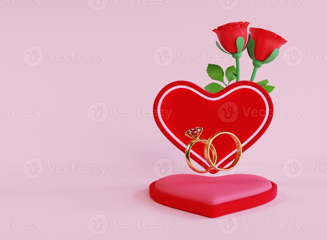 3d-rendering love podium valentine mit ringgeschenk und rosenblume foto