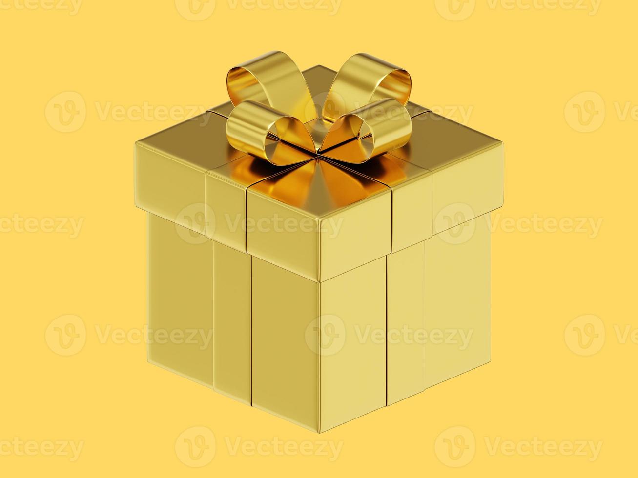 realistische goldene geschenkbox mit band. 3D-Rendering. Symbol auf gelbem Hintergrund foto