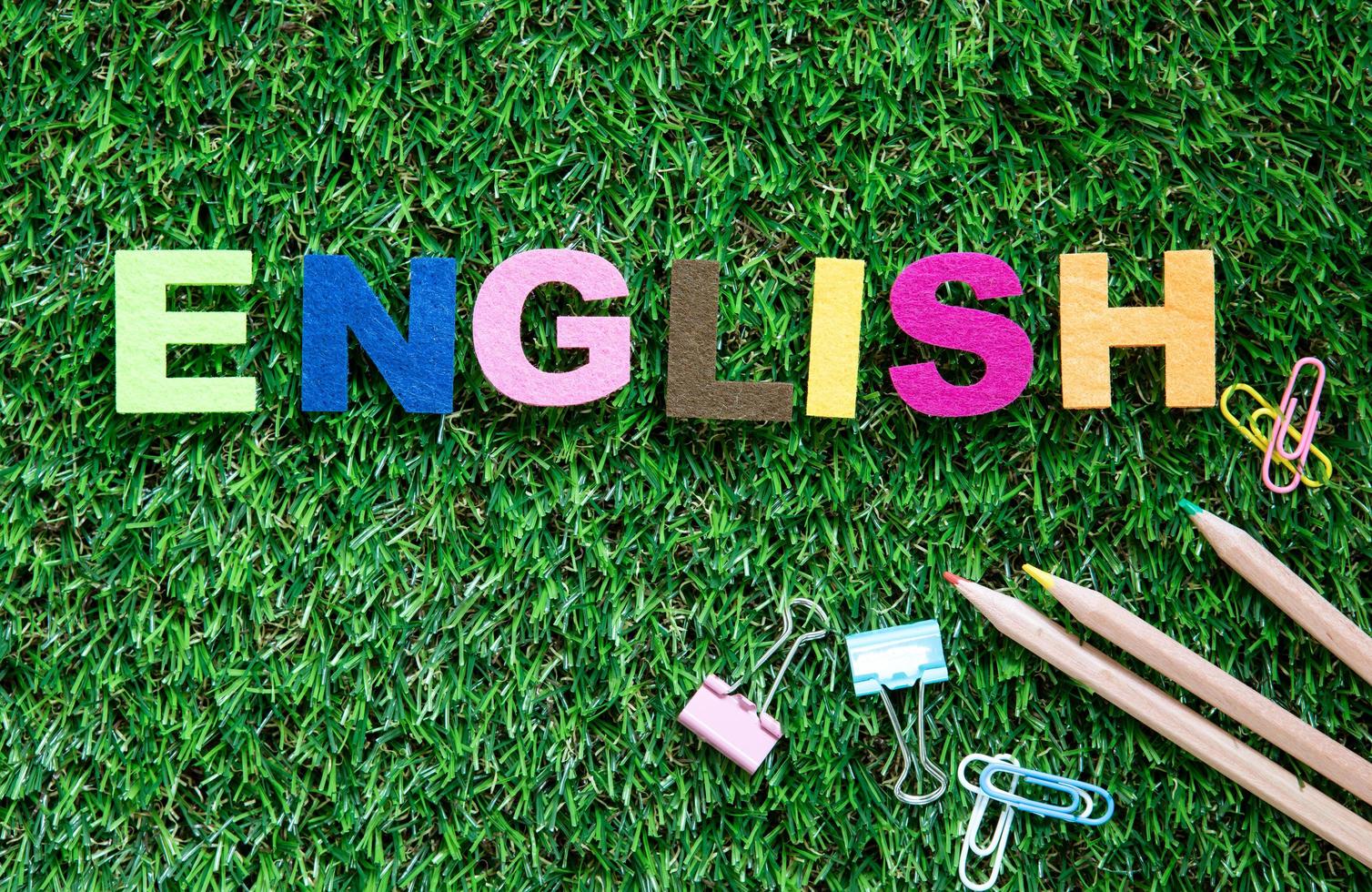 bunte englische Wortwürfel auf grünem Gras foto