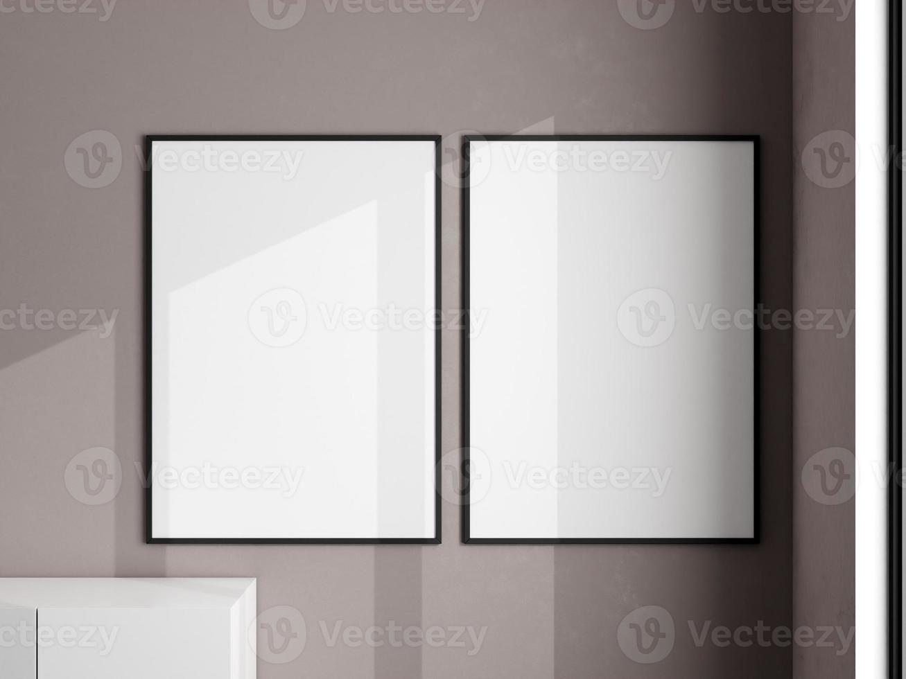 fotorahmenmodell auf weißer wand. leeres bilderrahmenmodell im wohnzimmer. Plakatmodell. sauberer, moderner, minimaler Rahmen. minimalistischer hintergrund. 3D-Rendering. foto