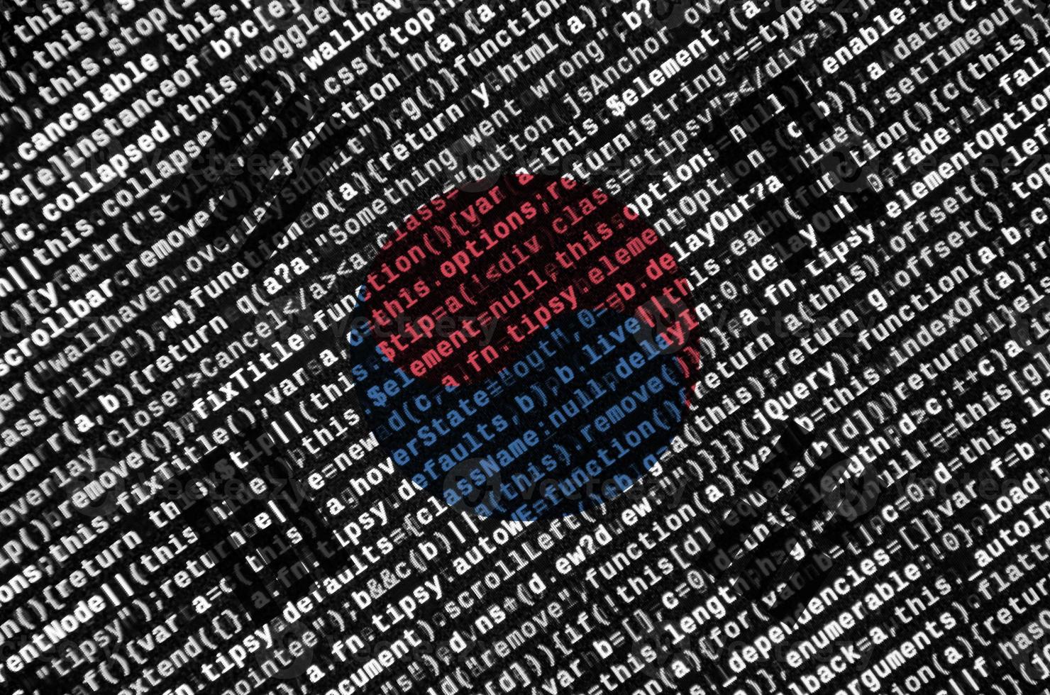 Auf dem Bildschirm wird die Südkorea-Flagge mit dem Programmcode dargestellt. das konzept der modernen technologie und standortentwicklung foto