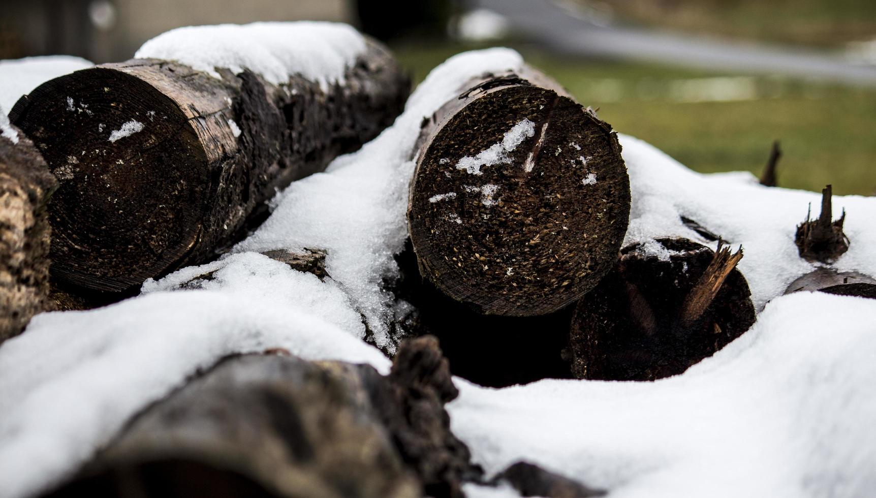 gehacktes Brennholz mit Schnee bedeckt foto