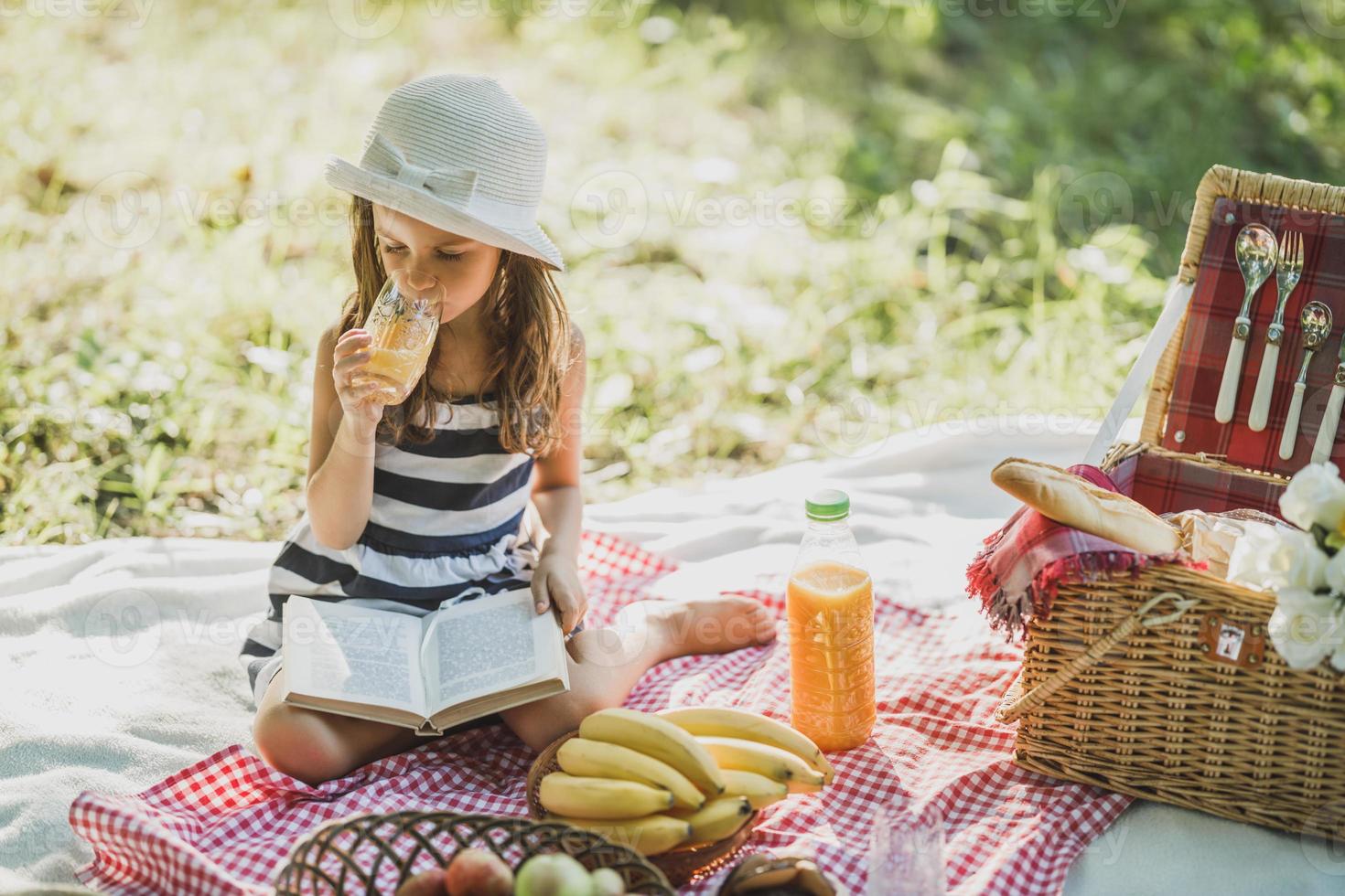 kleines Mädchen, das den Tag in der Natur beim Picknick genießt foto