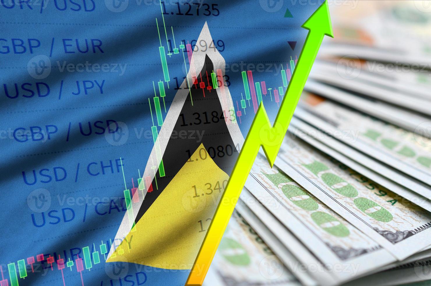 st. lucia-flagge und diagramm, das die us-dollar-position mit einem fan von dollarnoten erhöht foto